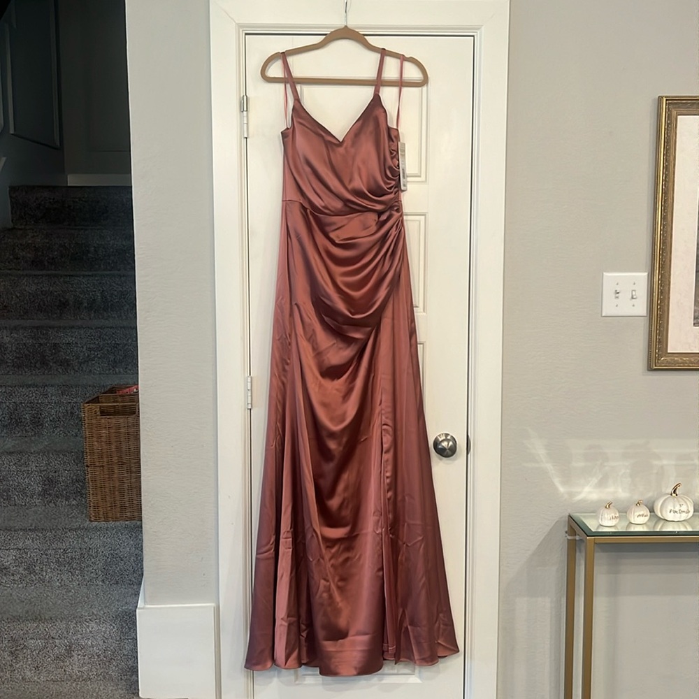 Brand new never worn Revelry “Rory” satin dress in Desert Rose. Size 12